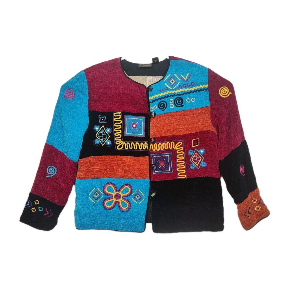 Allure Vintage‎ 90s Color Block Button-Up Women's Jacket, Large, Embroidered